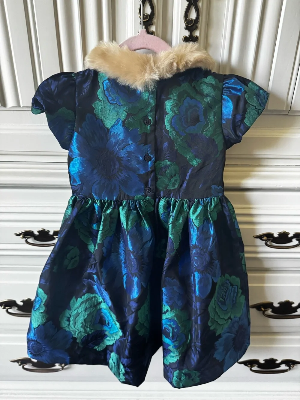 Janie and Jack Girls Navy and Teal Floral Party Dress with Faux Fur Collar